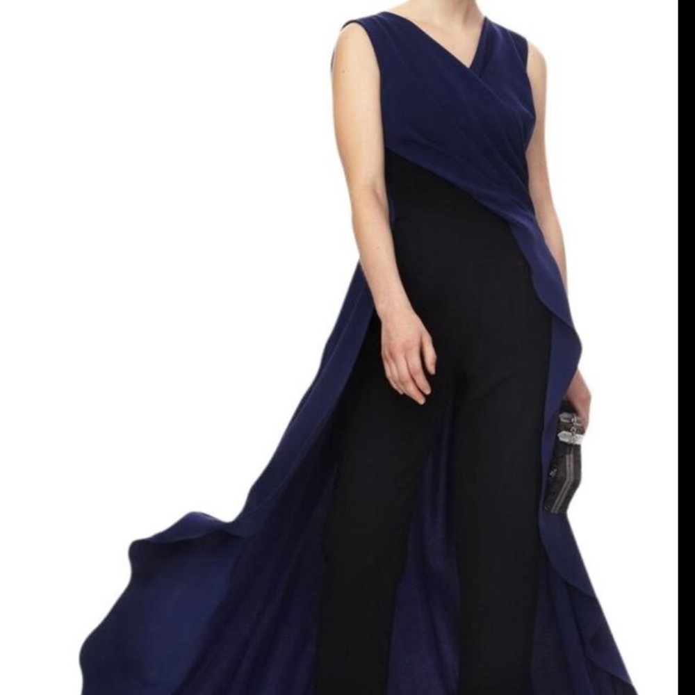 Escada blue and black draped jumpsuit gown